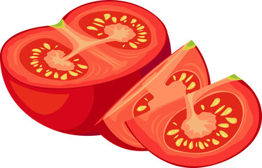 Half of a ripe tomato in a composition with a couple of slices