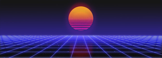 3d abstract 1980's retrowave, cyberpunk background with copy space, neon perspective grid
