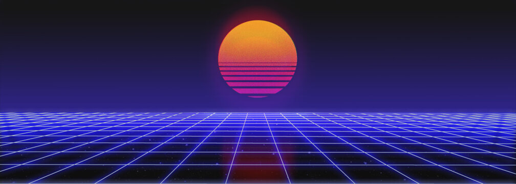 3d abstract 1980's retrowave, cyberpunk background with copy space, neon perspective grid