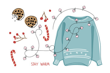 Cozy winter set with hand drawn elements. Warm knitted sweater, light garland, cookies, Candy cane, berries. Winter season Attributes. Vector sketch icon isolated on white. Seasonal Design elements