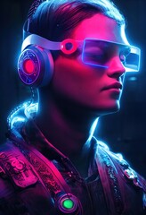 Realistic portrait of a sci-fi cyberpunk girl. High-tech futuristic woman from the future. The concept of virtual reality and cyberpunk. 3D render.