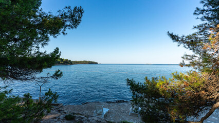 Fototapeta na wymiar The bay plava laguna on the mediterranean sea in Porec, Croatia