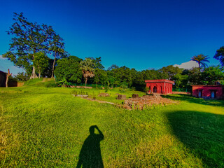17-7-2022 Gour Malda West Bengal India, green lawn inside the area of ancient historic mosque in malda west bengal