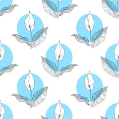 Fototapeta na wymiar vector illustration seamless pattern plant Spathiphyllum lily hand line contour on a white background