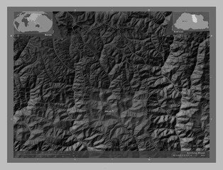 Bumthang, Bhutan. Grayscale. Labelled points of cities