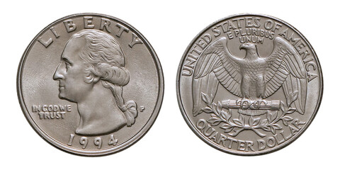 Close-up of a US Quarter dollar 1994, PNG, isolated on transparent background