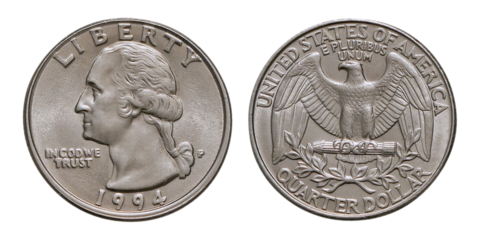 Close-up of a US Quarter dollar 1994, PNG, isolated on transparent background