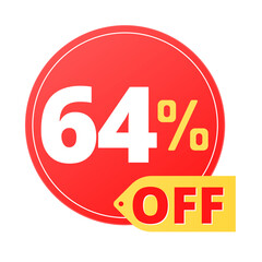 64% off limited special offer. Discount banner in red and yellow circular balloon, super discount. Sixty four 