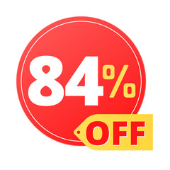 84% off limited special offer. Discount banner in red and yellow circular balloon, super discount. Eighty four 