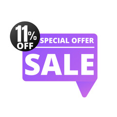 11% Off. Purple Sale Tag Speech Bubble Set. special discount offer, Eleven