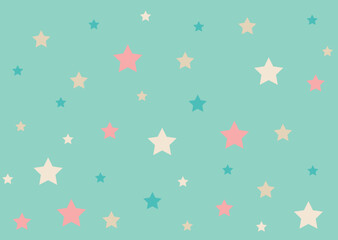 Fototapeta na wymiar Cute childish pattern with stars. Turquoise background with multicolored stars. Pink, blue and milk stars. Vector