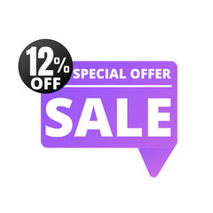 12% Off. Purple Sale Tag Speech Bubble Set. special discount offer, Twelve