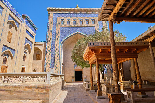 entrance to the ancient pahlavon mahmud's mausoleum in khiva, uzbekistan