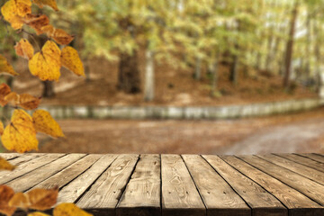 Desk of free space and autumn leaves 