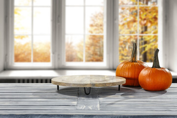 Desk of free space and kitchen interior. 