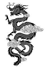 Engraved vintage drawing of a Black silhouette of a serpentine Chinese dragon in flat linear style