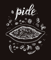 Pide vector illustration. Turkish, arabic food. Chalk drawing