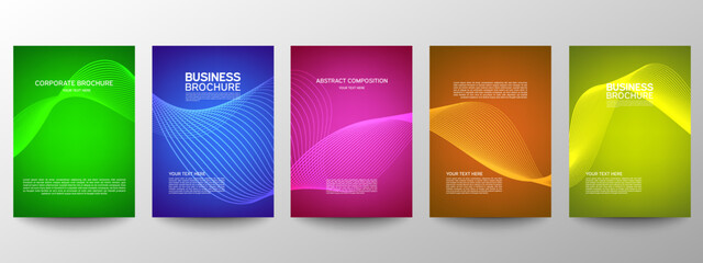 Cover geometric minimal. Set. Set of templates for business brochures. Vector abstract line pattern for poster design. Flyer or Leaflet. Cool gradients. Graphic pattern for annual album backdrop.