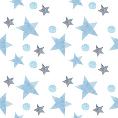 Fototapeta premium Watercolor seamless pattern of blue stars and snowballs on a white background. Collection for Christmas, New Year's design, decoration for children's room, textiles, clothes,wrapping paper