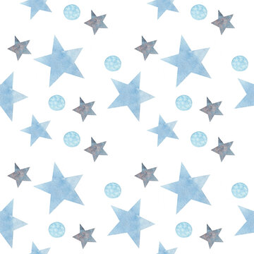 Watercolor seamless pattern of blue stars and snowballs on a white background. Collection for Christmas, New Year's design, decoration for  children's room, textiles, clothes,wrapping paper