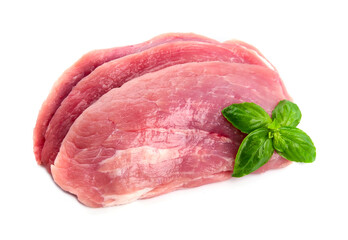 Fillet of meat with basil herbal closeup on white backgrounds.