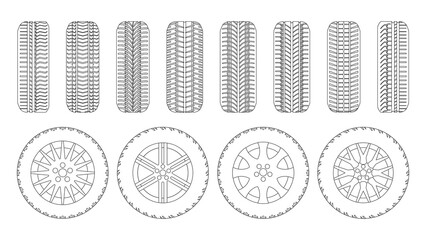 Tire wheels realistic outline set icon. Vector illustration rubber wheels on white background. Vector realistic outline set icon tire wheels .