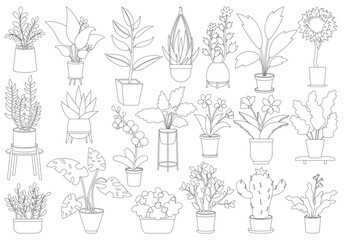 Flowerpot vector outline icon set . Collection vector illustration pot of plant on white background. Isolated outline icon set flowerpot for web design.