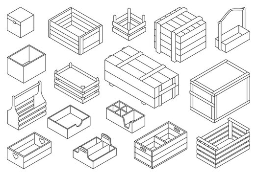 Wooden box isometric vector outline set icon. Isolated isometric outline set icon crate and container. Vector illustration wooden box on white background .
