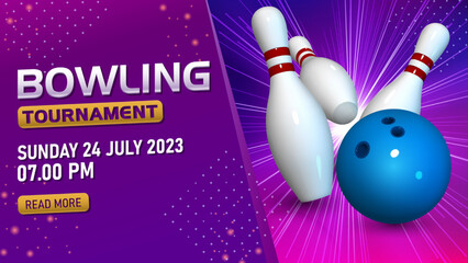 Bowling Tournament Template, Realistic Bowling Strike. Widescreen Vector Illustration - obrazy, fototapety, plakaty