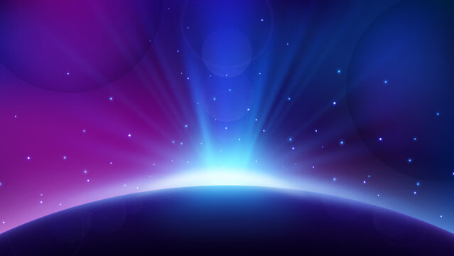Fototapeta Blue Light Rising from Planet Horizon, Glowing Shine Background. Widescreen Vector Illustration