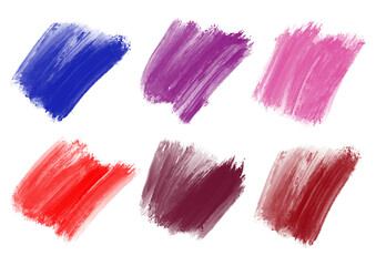 PNG. Paleta manchas de pintura, pintalabios, maquillaje o productos de belleza de colores azul, morado, rosa, bermell&oacute;n, burdeos y rojo vino.