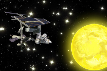 Fototapeta premium A high-tech space station against a bright sun.The elements of this image furnished by NASA.