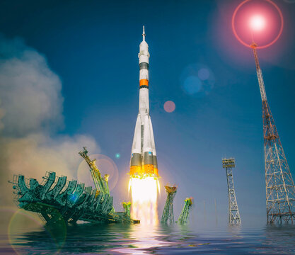 Rocket on the floating launching constructionThe elements of this image furnished by NASA.
