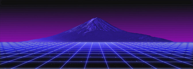 3d abstract 1980's retrowave, cyberpunk background with copy space, neon perspective grid and the mountain with the snow peak