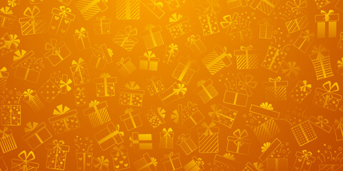 Background of gift boxes with bows and different patterns, in orange colors