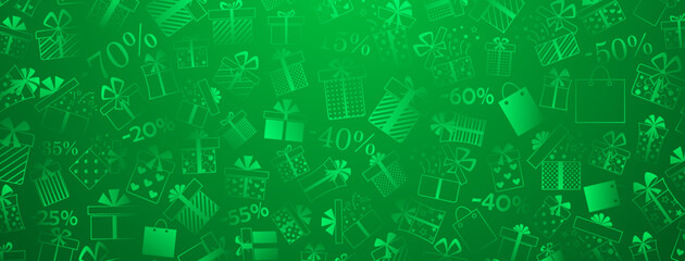 Background of gift boxes with bows and different patterns, and discount percentages, in green colors