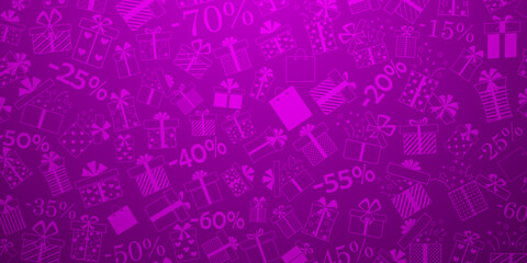 Background of gift boxes with bows and different patterns, and discount percentages, in purple colors