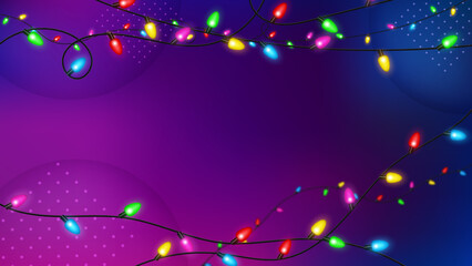 Fototapeta na wymiar Color Garlands on Violet Background, Festive Decorations. Widescreen Vector Illustration