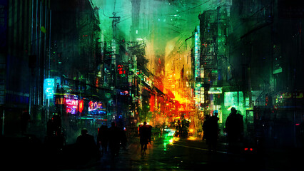 Fototapeta premium Night street in the city cyberpunk, Digital art style, illustrations.