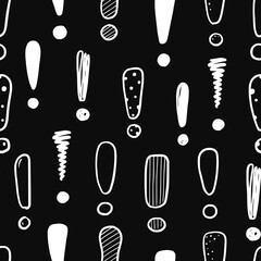 Hand drawn exclamation mark seamless pattern. Scribble doodle exclamation point sign background. Hand drawn sketch danger pattern. Vector illustration