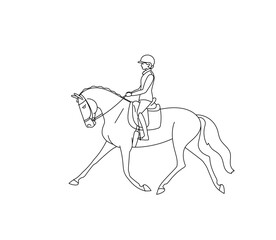 Beautiful horsewoman on a horse. Black and white vector illustration for coloring book