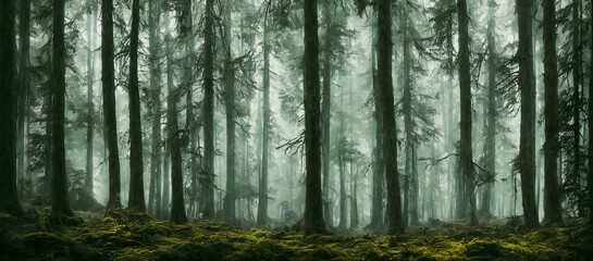 Dramatic, scary dark forest with green bushes, 3d render