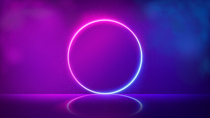 Glowing circle neon lighting frame, Futuristic background with smoke. Vector Illustration
