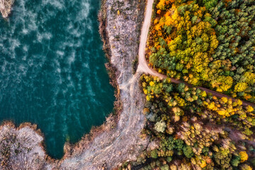 Lake and autumn coniferous forest. Drone view