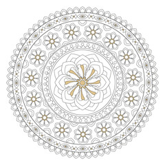 Floral round decorative ornament. Mandala style. Black and white with yellow elements. Coloring book page, vector illustration.