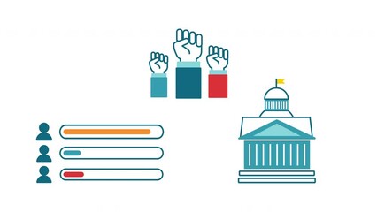 4k video of 3 icons connected with elections on white background.