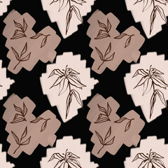 seamless boho pattern, brown with linear plant elements, paint spots and leaves, hand-drawn illustration