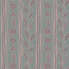 seamless ethnic pattern, boho style, natural colors, brown, green, floral and geometric elements, hand-drawn illustration