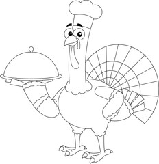 Outlined Turkey Chef Cartoon Character Serving Food In A Sliver Platter. Vector Hand Drawn Illustration Isolated On Transparent Background