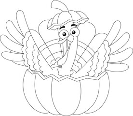 Outlined Happy Turkey Cartoon Characters In Pumpkin. Vector Hand Drawn Illustration Isolated On Transparent Background